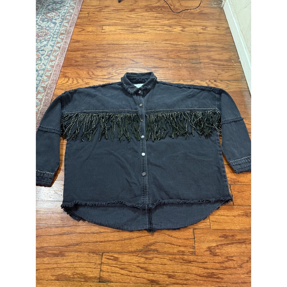 Zara Woman Black Denim Studded Fringe Shacket Western Oversized Shirt Small